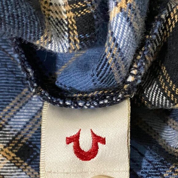 True Religion Mens Plaid Pearl Snap Shirt M Blue Western Rodeo Cowboy Country - Picture 6 of 7